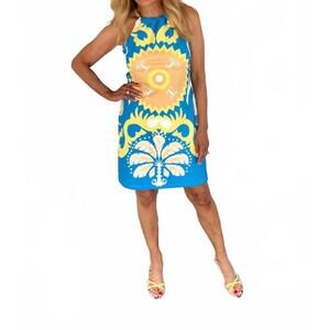 NEW MICHELLE PARISOU women's printed halter dress in blue/white/yellow